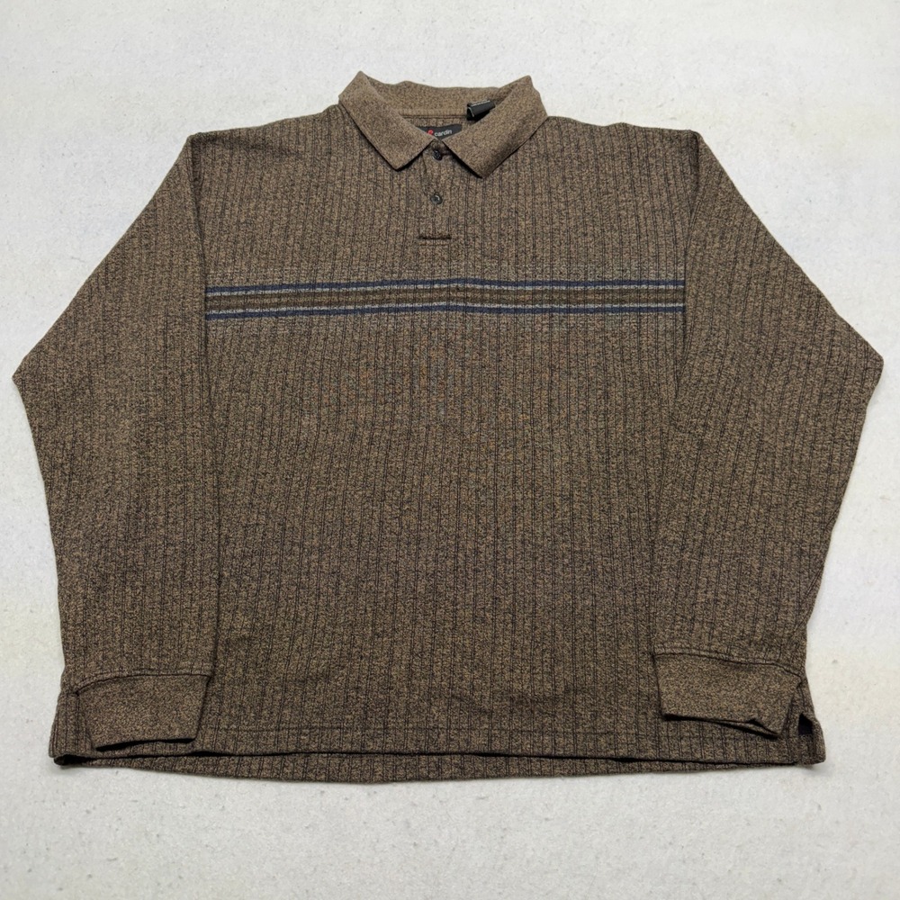 Vintage Pierre Cardin Long Sleeve Polo Shirt Brown Striped Ribbed XL Y2K Grunge